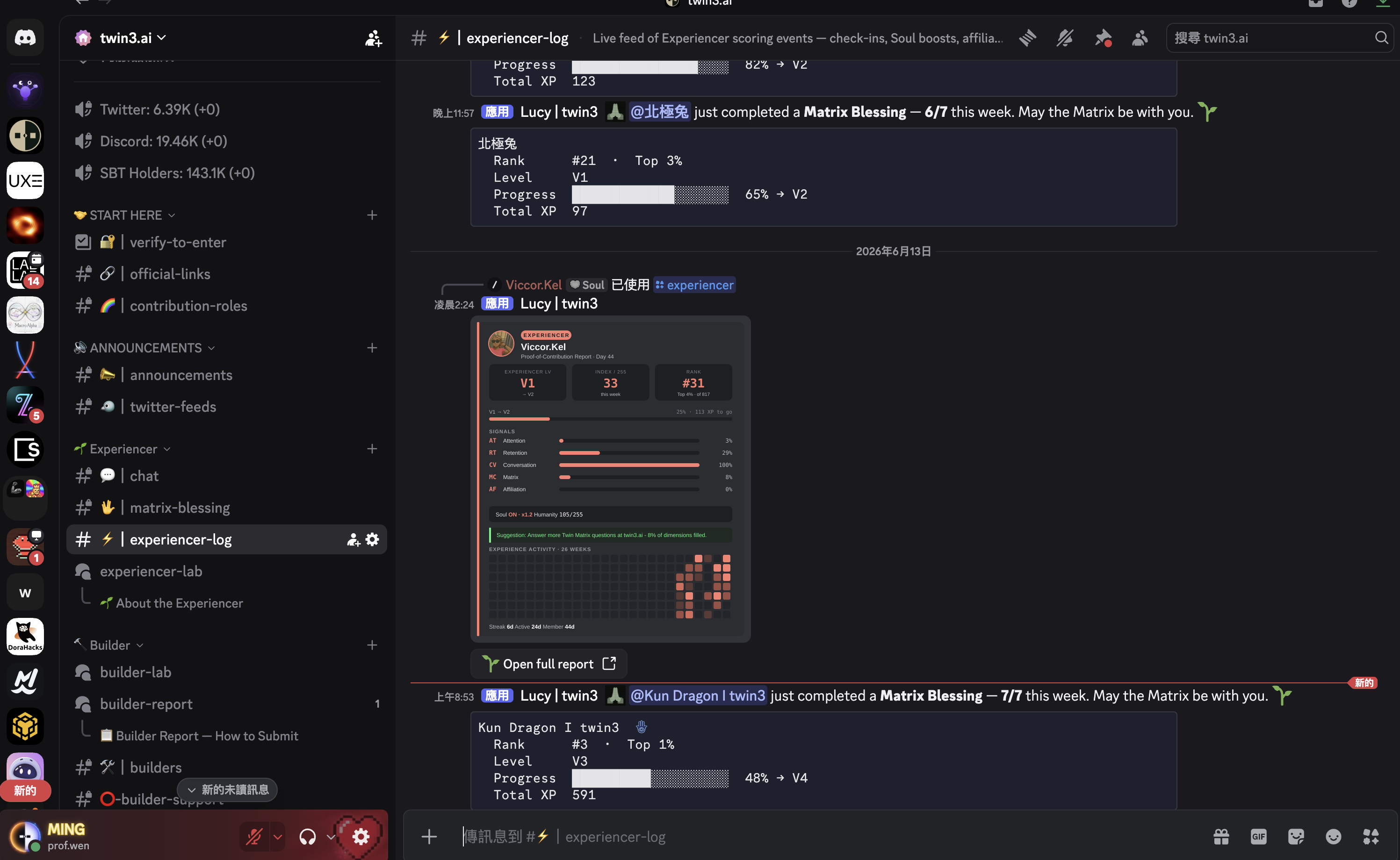 Live twin3 Discord screenshot showing the experiencer-log channel, Matrix Blessing events, embedded Experiencer reports, rank, level, progress, and XP.